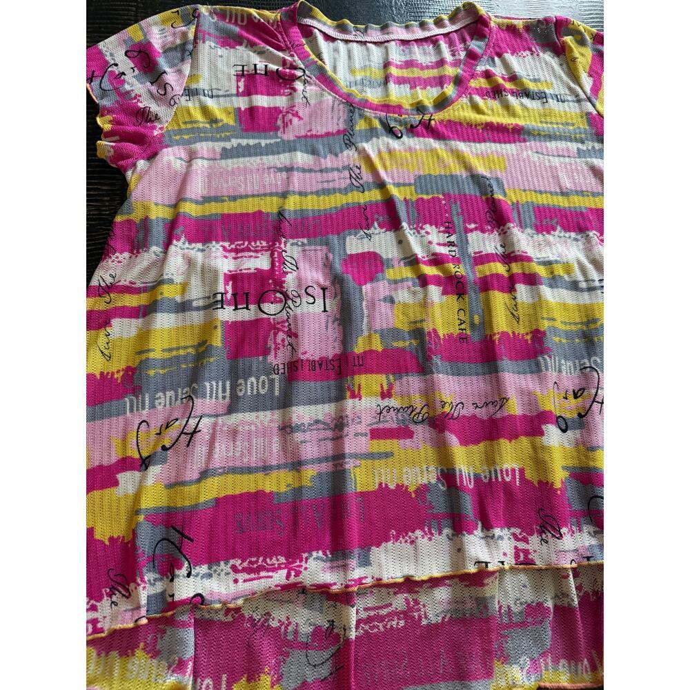 Multi-Color High-Low Hem Short Sleeve Lightweight Colorful Top Yellow Pinks Sz M - Picture 5 of 7